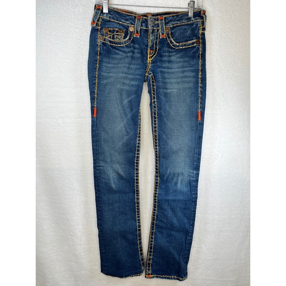 True Religion World Tour Johnny Super T Jeans Denim Orange Stitch Womens Sz 27‎